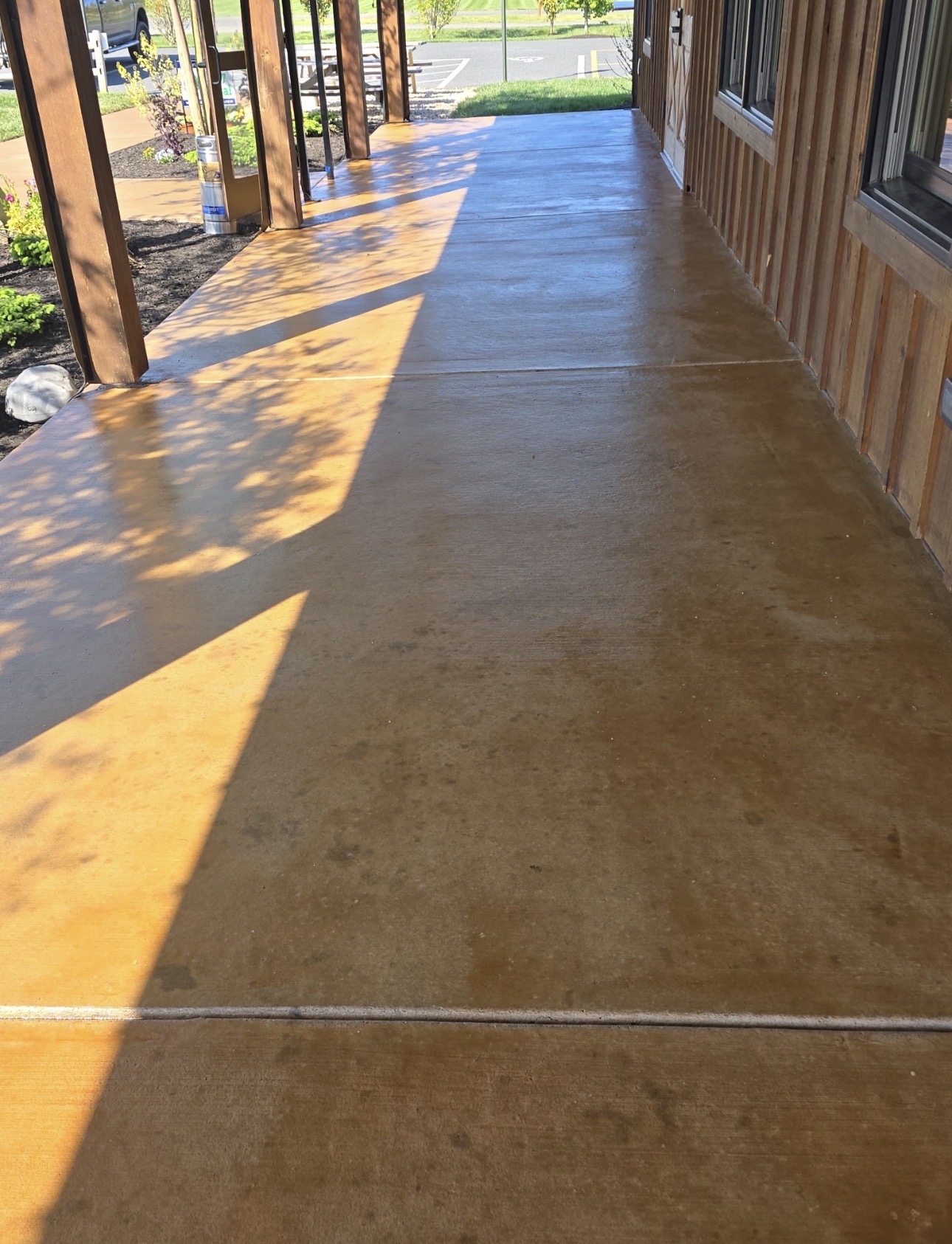 Amber stained and sealed exterior concrete walkway beside a wood building