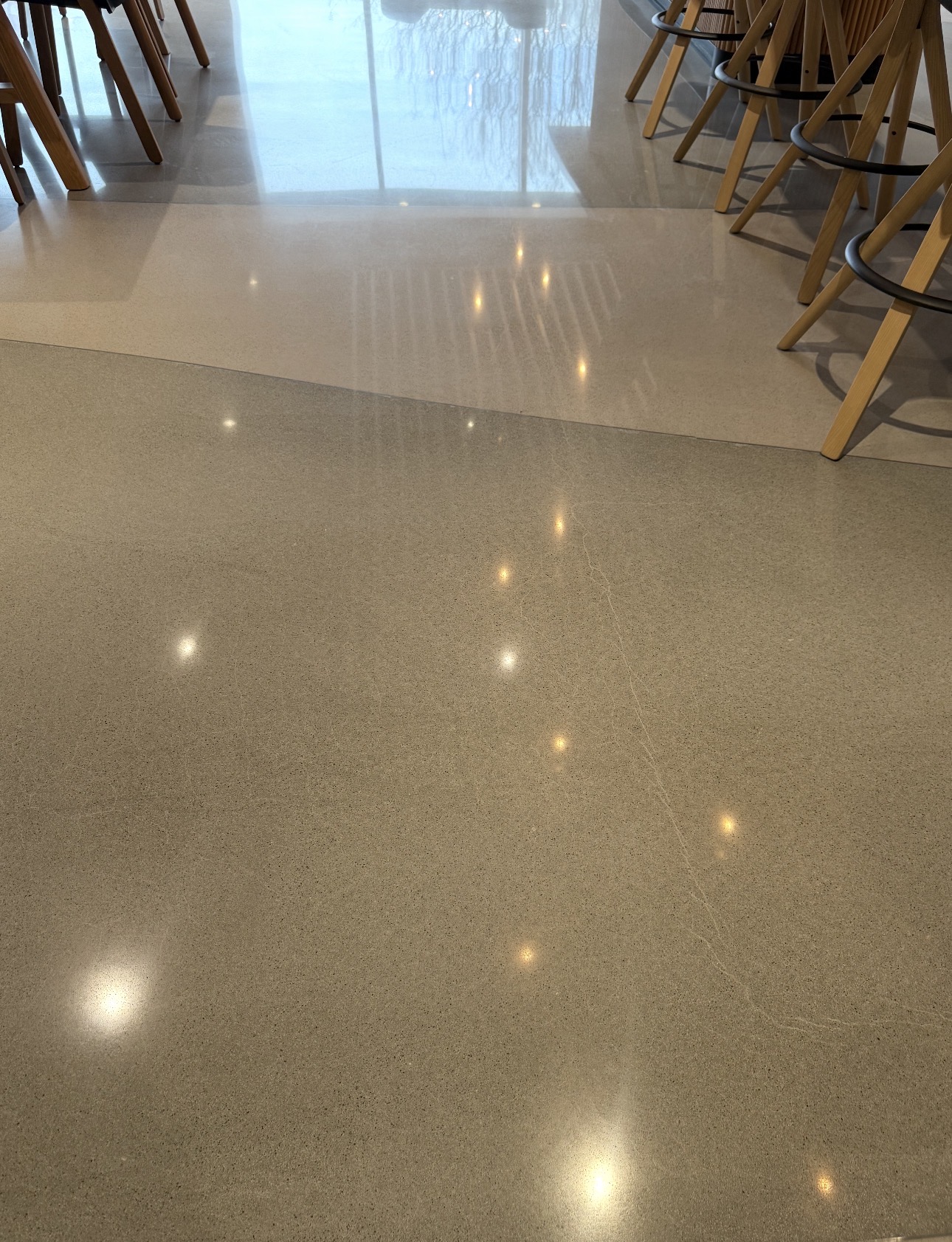 Two-tone polished concrete cafe floor in cream and warm gray